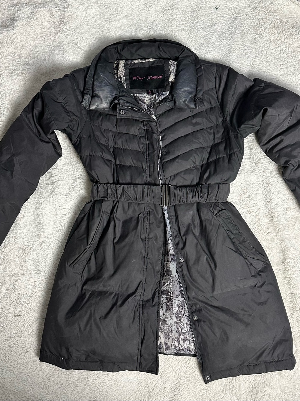Betsey Johnson Black Quilted & Smooth A-Line Belted Puffer Coat